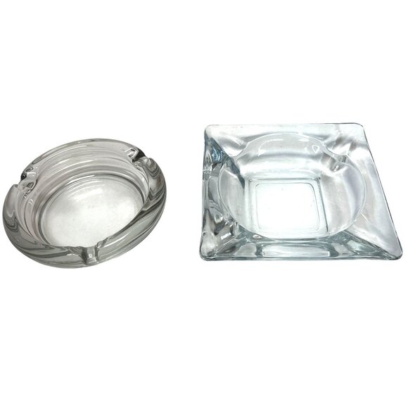 Lot Of 2 Vintage Glass Ashtrays Round & Square Clear Thick Glass Anchor Hocking - Picture 1 of 8